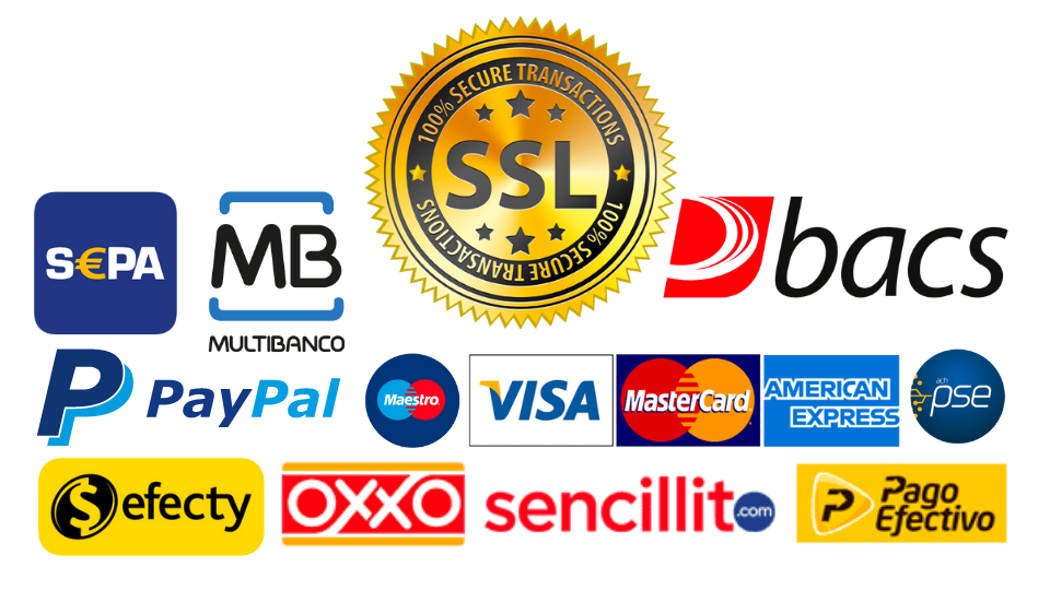Métodos de Pago: SSL, PayPal, Visa, Mastercard, American Express